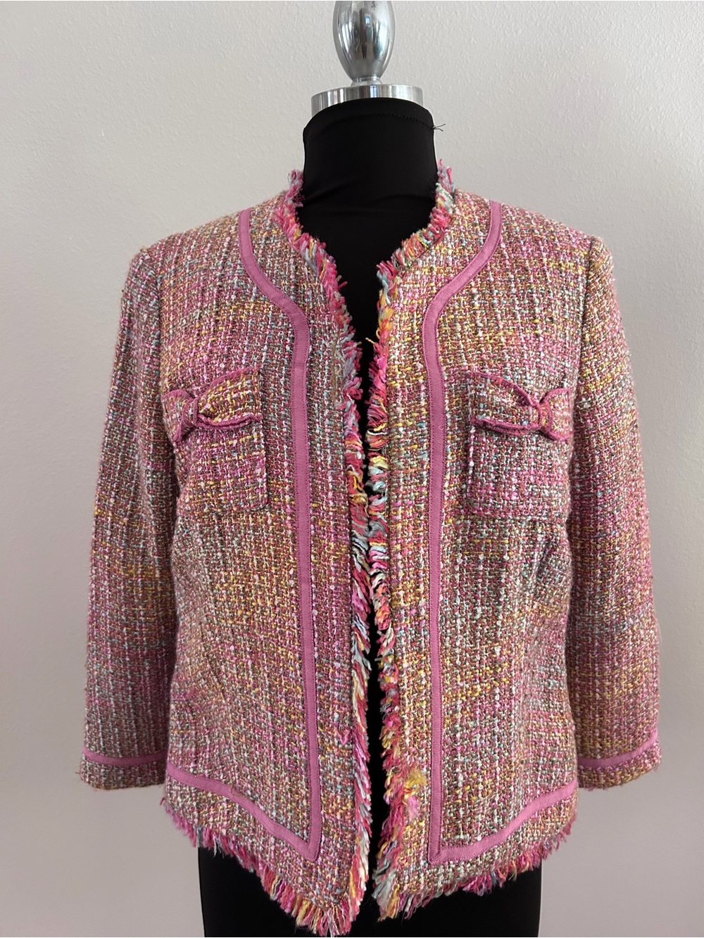 True Meaning Pink Multicolor Bouclé Frayed-Trim Jacket
